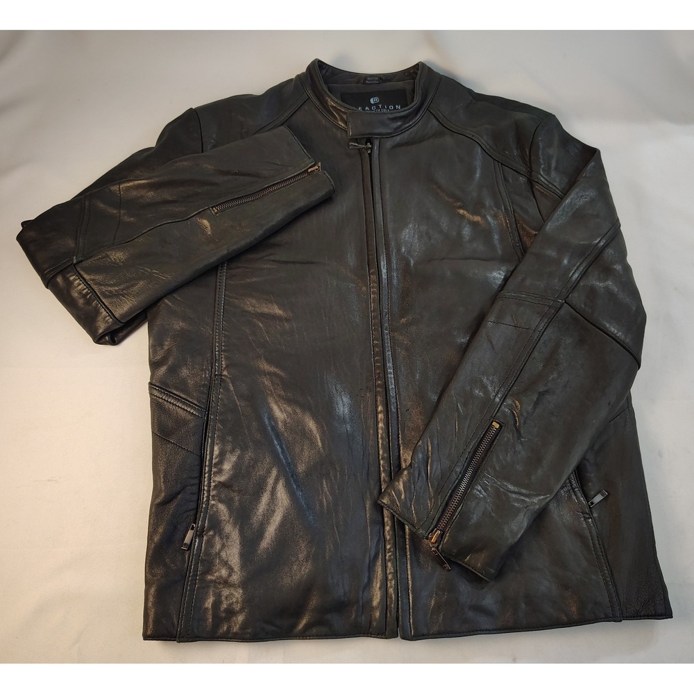 Kenneth Cole Reaction Mens Black Genuine Leather Cafe Racer Moto Jacket Size M